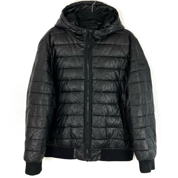 DNKY Men’s Puffer Stadium Jacket Coat Faux Leather Hoodie Winter Black Large - Picture 2 of 13